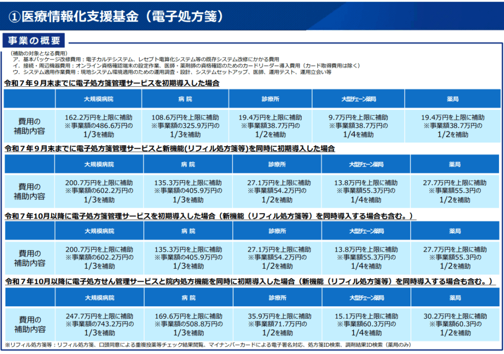 電子処方箋導入による補助金の概要（厚生労働省のデータ）